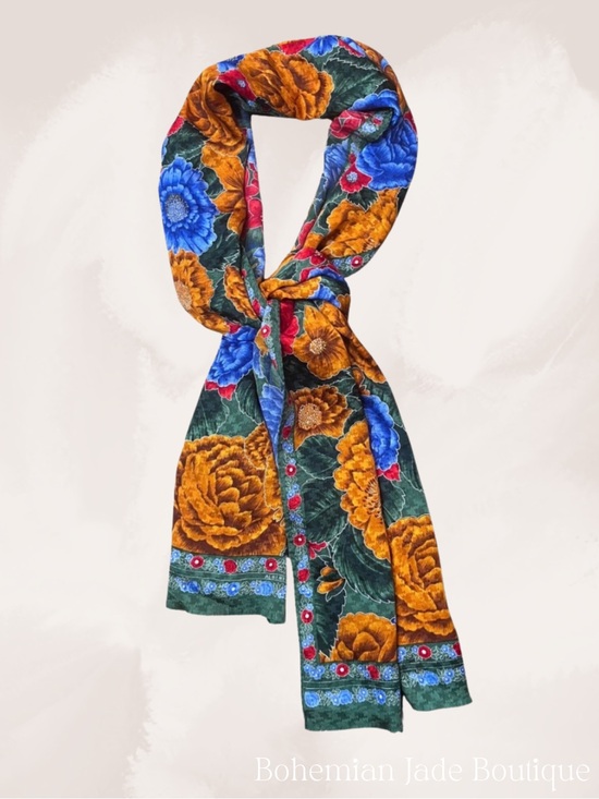 Albert Nipon Accessories - Vintage Albert Nipon 100% Silk Floral Long Rectangle Scarf Blue Gold Green Red